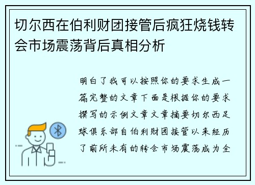 切尔西在伯利财团接管后疯狂烧钱转会市场震荡背后真相分析 切尔西在伯利财团接管后疯狂烧钱转会市场震荡背后真相分析