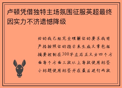 卢顿凭借独特主场氛围征服英超最终因实力不济遗憾降级 卢顿凭借独特主场氛围征服英超最终因实力不济遗憾降级