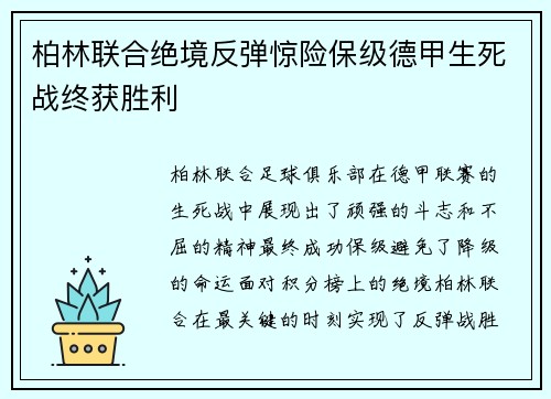 柏林联合绝境反弹惊险保级德甲生死战终获胜利 柏林联合绝境反弹惊险保级德甲生死战终获胜利